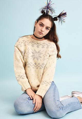 90'S RETRO FAIR ISLE NEUTRAL HANDKNIT CHRISTMAS JUMPER