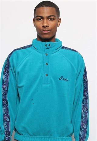 VINTAGE ASICS TAPE LOGO FLEECE 1/4 ZIP BLUE