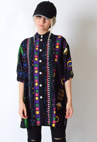 VINTAGE 90S BLACK COLOURFUL ABSTRACT SHORT SLEEVE SHIRT