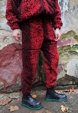 Leopard fleece joggers handmade animal print 2 in 1 overalls