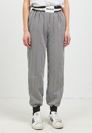 VINTAGE RETRO BLACK REEBOK STRIPED TRACK BOTTOMS JOGGERS