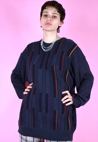 VINTAGE 90S KNIT JUMPER NAVY BLUE OVERSIZED GRAPHIC PATTERN