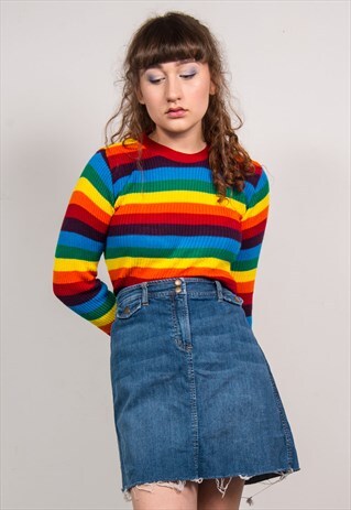 VINTAGE 90'S BLUE DENIM HIGH WAIST FRAYED HEM MINI SKIRT