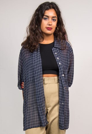 90'S VINTAGE NAVY BLUE CHECK PATTERN SHEER SHIRT