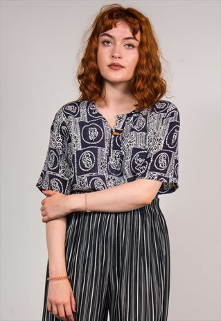 VINTAGE 90'S NAVY BLUE WAVEY ELEPHANT HIPPIE FESTIVAL SHIRT