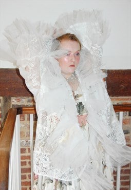 White Lace Patchwork Whimsy Goth Jacket With Ruff Free Size