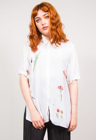 VINTAGE 90'S WHITE FLORAL PRINT SHORT SLEEVE SHIRT