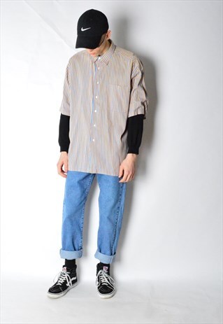 VINTAGE 90S ORANGE BLUE STRIPED SHORT SLEEVE SHIRT
