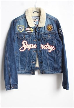 Vintage Superdry Y2K Denim Sherpa Lined Jacket Blue