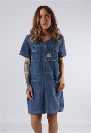 VINTAGE DENIM DRESS BICH REWORKED DUNGAREES UK 10 - 12 (DDG)