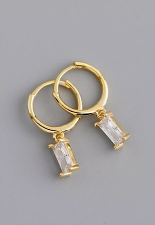 18CT GOLD ON STERLING SILVER EMERALD CUT ZIRCONIA MINI HOOPS