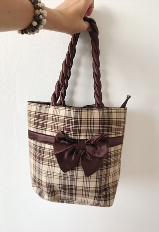VINTAGE Y2K 00S TARTAN CHECKED PLAID RIBBON HAND BAG TOTE