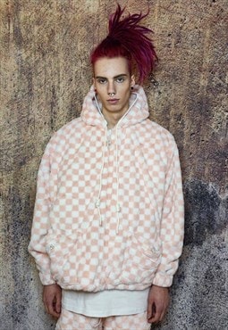 Check fleece hooded jacket handmade fluffy pastel coat pink