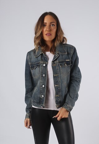 VINTAGE DENIM JACKET COVER FITTED UK 10 SMALL (O1F)