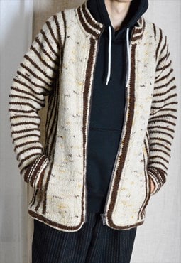 Vintage 70s Beige Brown Striped Thick Wool Blend Cardigan