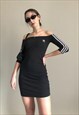 BODYCON OFF SHOULDER BLACK DRESS WITH EMBROIDERED TREFOIL