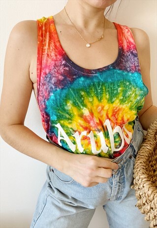 VINTAGE 90S TIE-DYE SLOGAN ARUBA T-SHIRT TANK TOP TEE