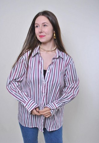 VINTAGE STRIPED FORMAL WHITE BLOUSE WITH LONG SLEEVE 