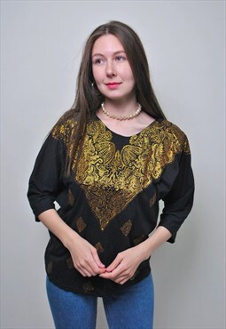 Abstract print gold blouse, vintage evening black shirt