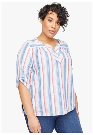 BLUE AMERICANA STRIPE MIRABEL PARK TOP ROLL SLEEVE BLOUSE