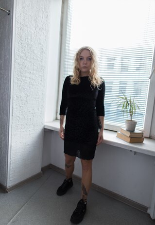VINTAGE 80'S BLACK VELVET TEXTURED MINI DRESS