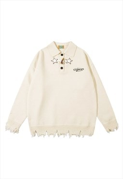 Distressed sweater ripped jumper utility pullover in cream