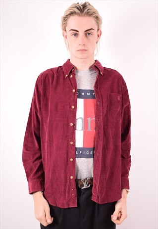 MENS VINTAGE CORDUROY SHIRT LARGE MAROON 90S