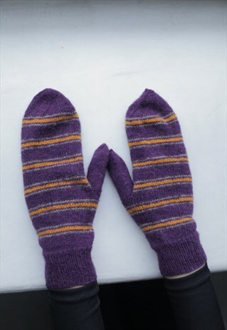 PURPLE STRIPED HANDMADE KNITTED WOOL GLOVES