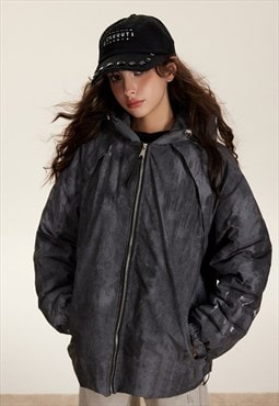 Dirty wash bomber jacket distressed hooded puffer in grey