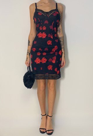 90S VINTAGE BLACK FLORAL LACE TRIM SLIP DRESS