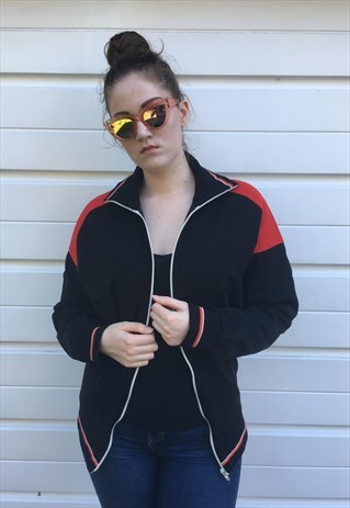 WOMENS VINTAGE 80S JACKET RED BLACK SPORTS TRACKSUIT TOP