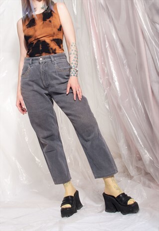 VINTAGE CROP JEANS 80S STUD GREY GRUNGE DENIM TROUSERS