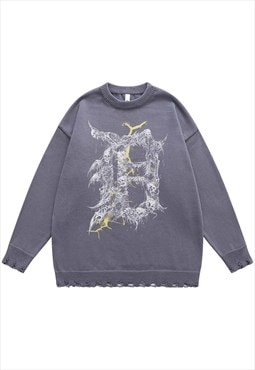 Skeleton sweater knit distressed jumper Gothic top in grey