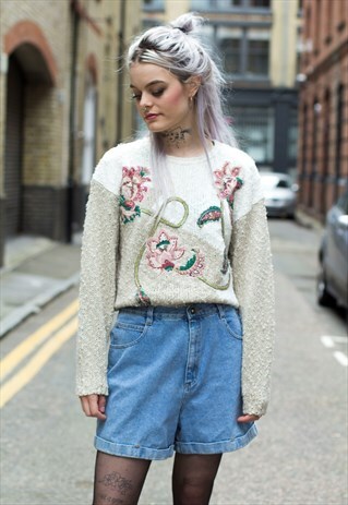 VINTAGE GREY & WHITE JUMPER WITH FLORAL PEARL DECORATION