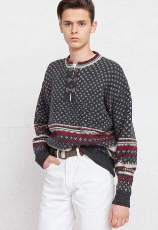VINTAGE GREY WOOL KNIT NORWEGIAN JUMPER