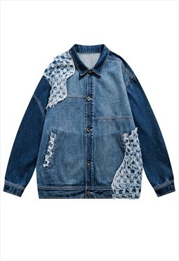 Shredded ripped denim jacket stitched  jean bomber in blue