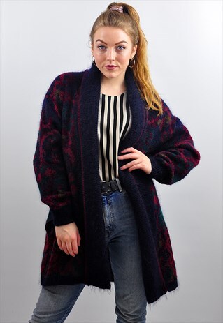 VINTAGE NAVY PATTERNED OVERSIZE MOHAIR CARDIGAN