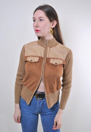 WOMEN VINTAGE WOOL BROWN HIGH NECK CARDIGAN SWEATER