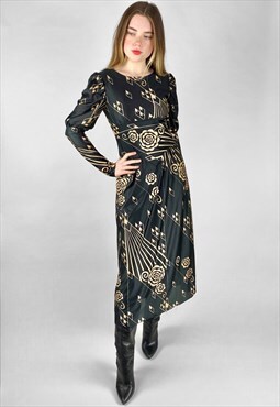 70's Vintage Ladies Black Floral Long Sleeve Midi Dress