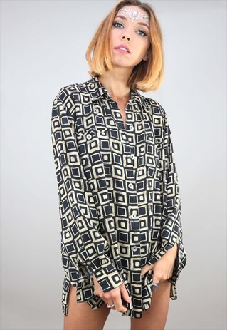 VINTAGE OVERSIZED LONG SLEEVE PATTERNED BLOUSE