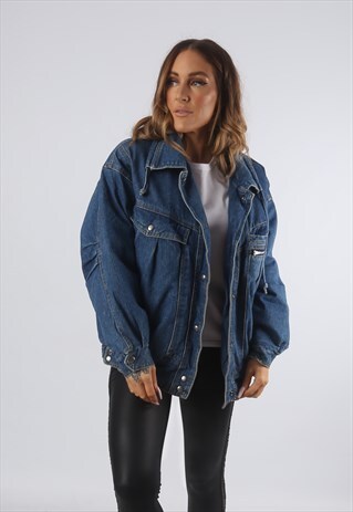 VINTAGE DENIM BOMBER JACKET OVERSIZED CHECKED UK 14 (C93K)