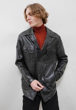 Vintage Y2k Grunge Minimal Black Leather Button Up Jacket M