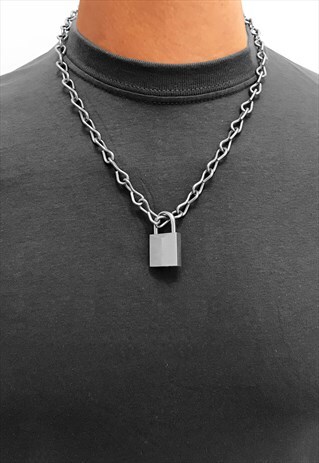 24" PADLOCK CHUNKY OPEN STEEL CURB NECKLACE CHAIN - SILVER