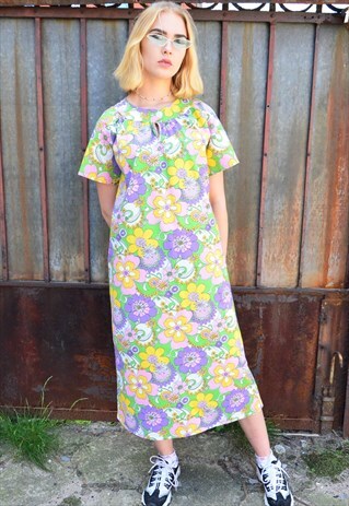 VINTAGE 80S COLOURFUL SUMMER DRESS WITH FLOWERS