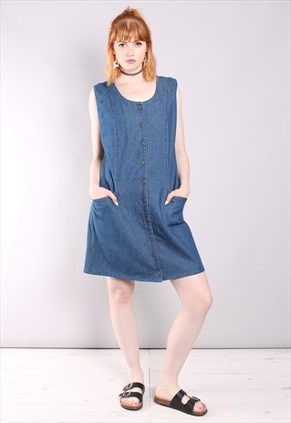 VINTAGE 90S DENIM BUTTON PINAFORE SHIFT DRESS