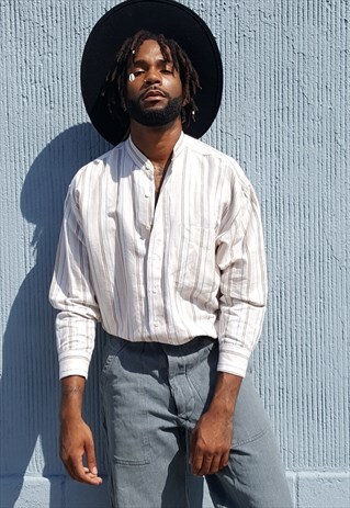 90S MINIMALIST LUXURY LINEN BLEND STRIPE ROUND COLLAR SHIRT