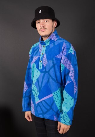 VINTAGE BLUE ABSTRACT PRINT 1/4 ZIP SERGIO TACCHINI FLEECE