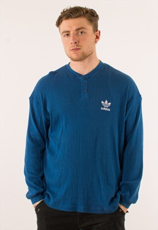 VINTAGE 90S BLUE ADIDAS BUTTON DOWN CREWNECK SWEATSHIRT L