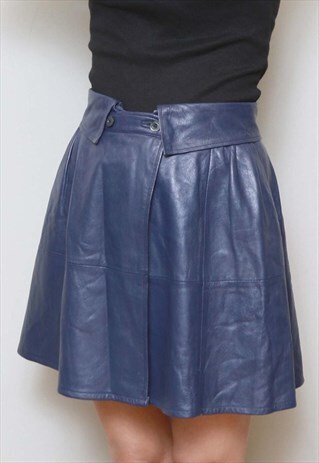 VINTAGE 1980'S BLUE LEATHER WRAP MINI SKIRT