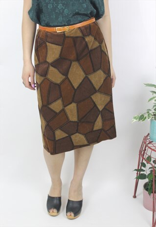 VINTAGE 1970S BROWN FAUX PATCHWORK SUEDETTE PENCIL SKIRT